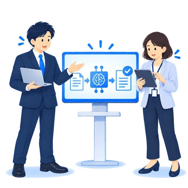 自社の業務システムにAIを開発・導入するイラスト