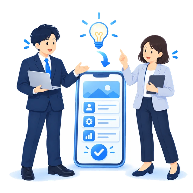 新規サービスのアイデアをアプリとして形にするイラスト