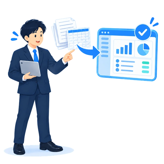 手作業やExcel管理を業務システムへ移行するイラスト