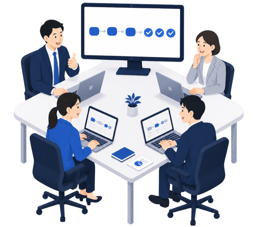 改善した業務フローをチームで共有する様子